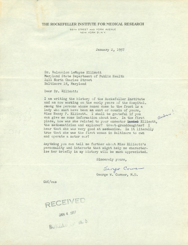 Dr. George W. Corner MD Signed Letter Letterhead Rockefeller Institute NYC 1957