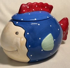 Vintage Hand Painted Ceramic Fish Cookie Jar Coco Dowley Colorful With Polka Dot