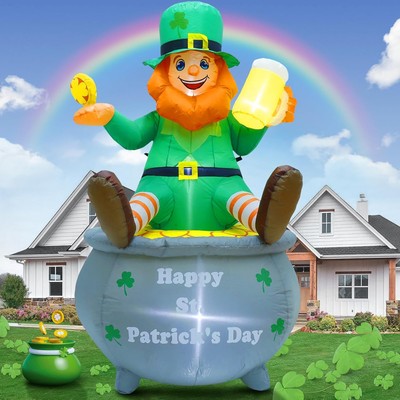6FT St. Patrick's Day Inflatables Decoration, Blow Up Leprechaun Sitting on Pot
