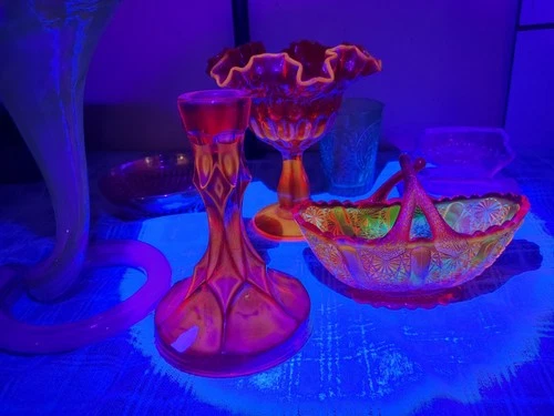 Lot Hand Blown Glass Tulip Vase Basket Uranium Glass Carnival Estate Vintage Ect
