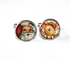 Vintage Christmas Mismatched Holiday Fun Handmade Round Glass Tile Cufflinks