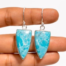 Lab-Created Larimar Gemstone 925 Silver Handmade Dangle Earrings 1.9" ARE-6033