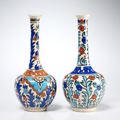 Turkish Iznik Blue Brown White Bud Vase Pair 7.5''h 7.75''h