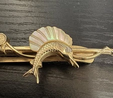 Gorgeous Mother of Pearl and gold Fishing Rod Reel Line and Fish Tie Pin Clip