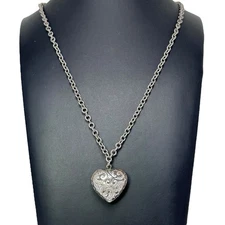 Vintage Victorian Revival Puffy Heart Pendant Necklace Ornate Silver Tone