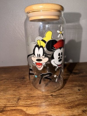 Disney Mickey Minnie Goofy Donald Pluto Glass Can Tumbler Bamboo Lid 16oz