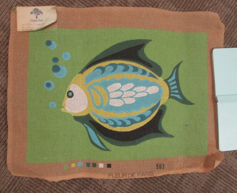 Hand Painted Needlework Canvas Colorful  Tropical Fish belgium 23  1/2 x 18