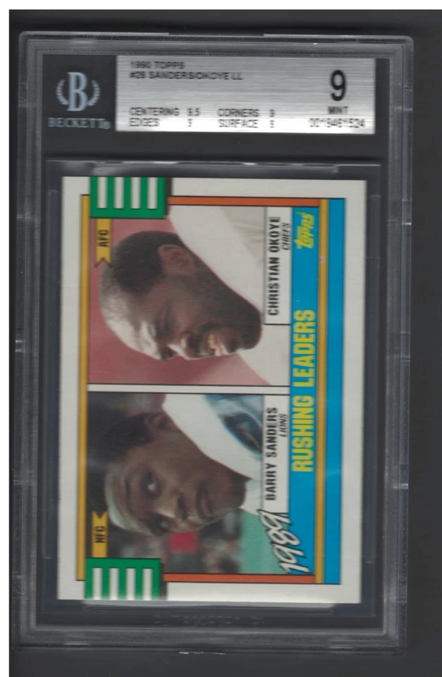 1990 Topps #28 BARRY SANDERS /OKOYE BGS 9 BEAUTY 9.5 CENTER 1989 RUSHING LEADERS - Image 2 of 3