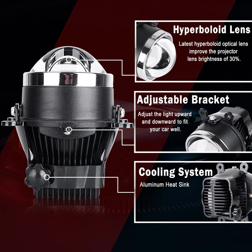 2PCS 3.0" Bi LED Fog Projector Lens Hi/Lo Beam Retrofit Fog Light Lamp White 60W - Image 3 of 4