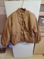 Camel Beige Padded Bomber Jacket Small Relaxed High Neck Neutral Brown Long