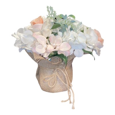 New Artificial Flowers Arranements White Hydrangea Pink  Bouquets Burlap Center
