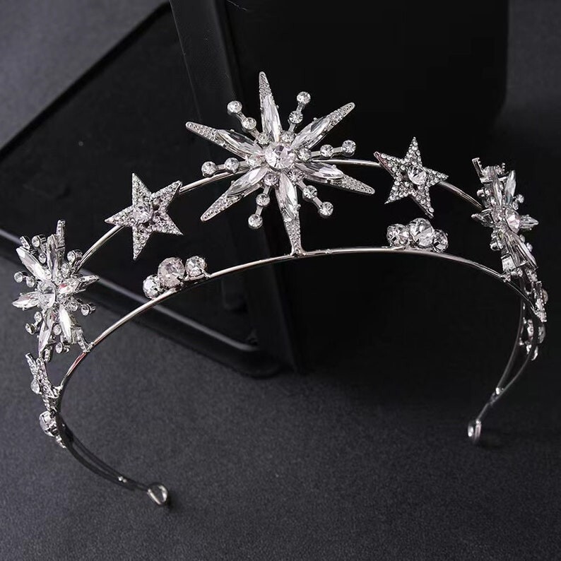 Vintage silver Stars crown tiara art deco diadem bridal prom 