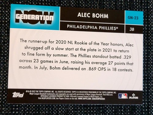 ALEC BOHM 2022 Topps Series 1 Generation NOW Foil Insert Card GN-23 Phillies - Picture 2 of 2