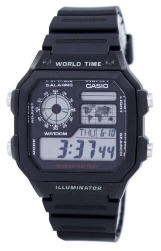 Casio Youth Illuminator World Time Alarm Stopwatch AE-1200WH-1AV 100M Mens Watch - Foto 1 di 7