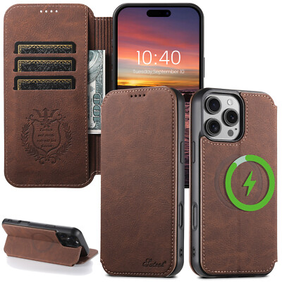 For iPhone 16 Pro Max Leather Folio Case Kickstand & Cash Credit Card Holder