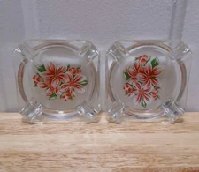 Vintage Square Glass Ashtray Red Flowers 3 Inches MCM Set of 2
