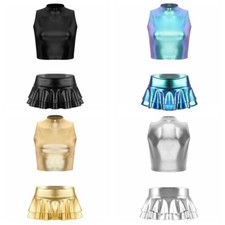 Women Costume Outer Dress Alien Outfits Skirt Wet Look Clubwear Metallic Space