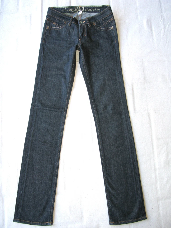 Pantalones de mezclilla rectos ajustados EDUN para mujer talla 24 cintura baja-azul oscuro con elástico L33 Foto 4 de 4