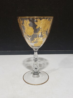 RARE Cambridge Glass Blossom Time Gold Encrusted 7 1/4'' Wine Goblet
