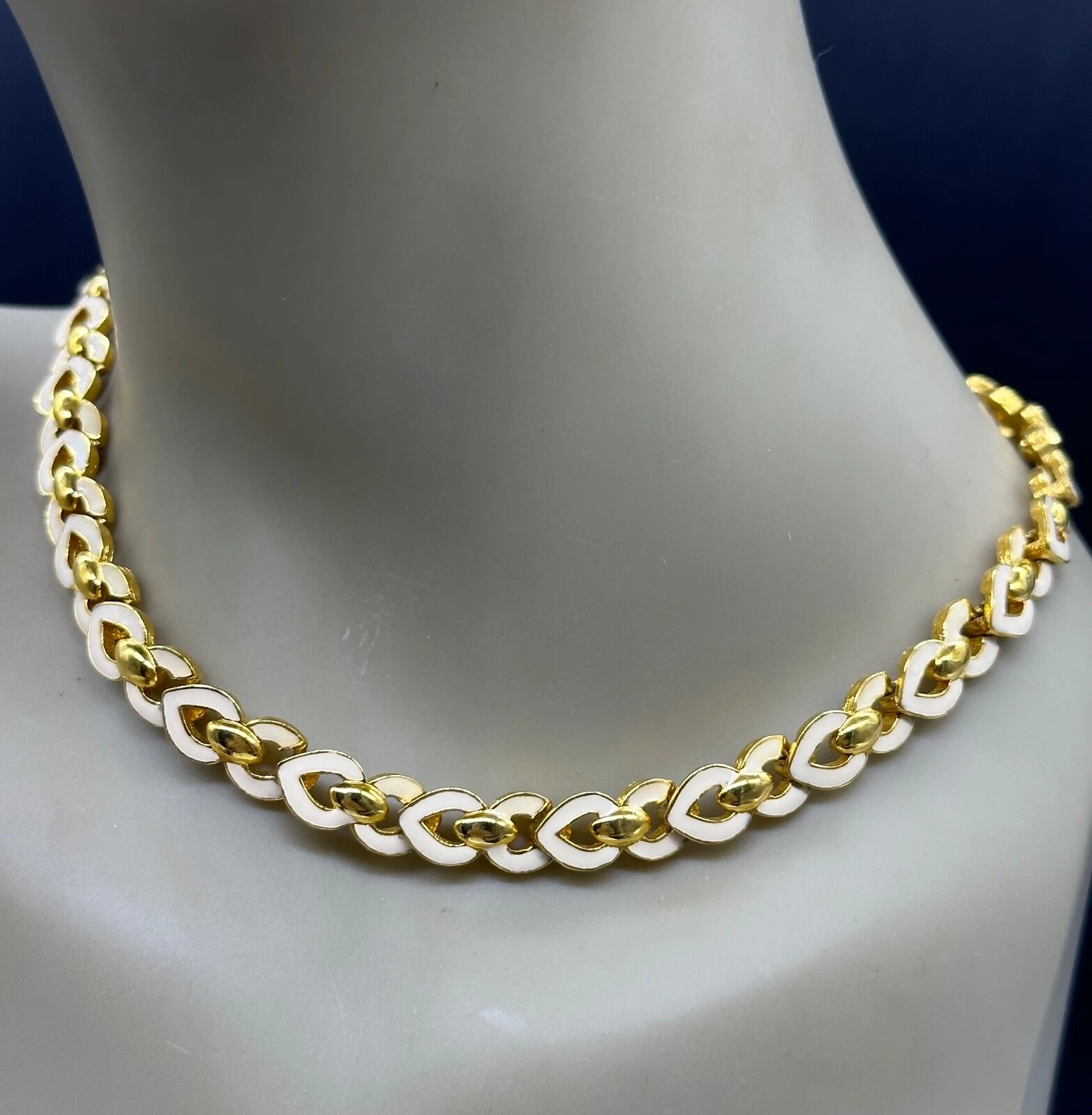 OFF WHITE COLLANA A MAGLIA VINTAGE ESTATE COLOR ORO BIANCO SMALTO STILE ART DECO 16"