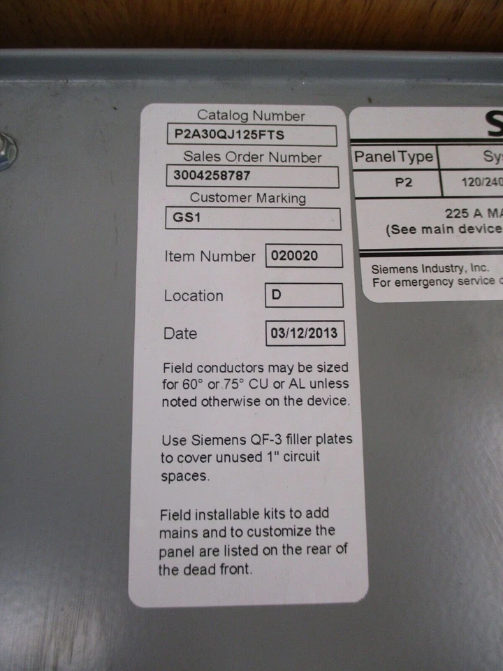Siemens P2 Main Breaker Panelboard Interior P2A30QJ125FTS 125A Main 120/240V 1Ph - Image 3 of 4