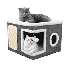Cat Beds for Indoor Cats, Large Cat Cave Bed with Scratch Pad and Fluffy Ball...