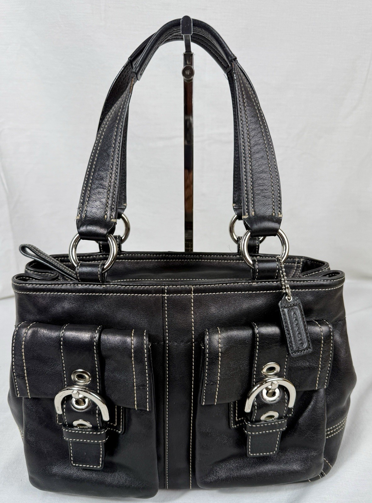 😎😎😎VTG COACH BLACK SILVER DOUBLE FRONT POCKETS Leather Soho Y2K Handbag 8A09