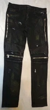 Embellished Men's 36 Black Distressed Skinny Jeans With Zipper Accents W/ Paint