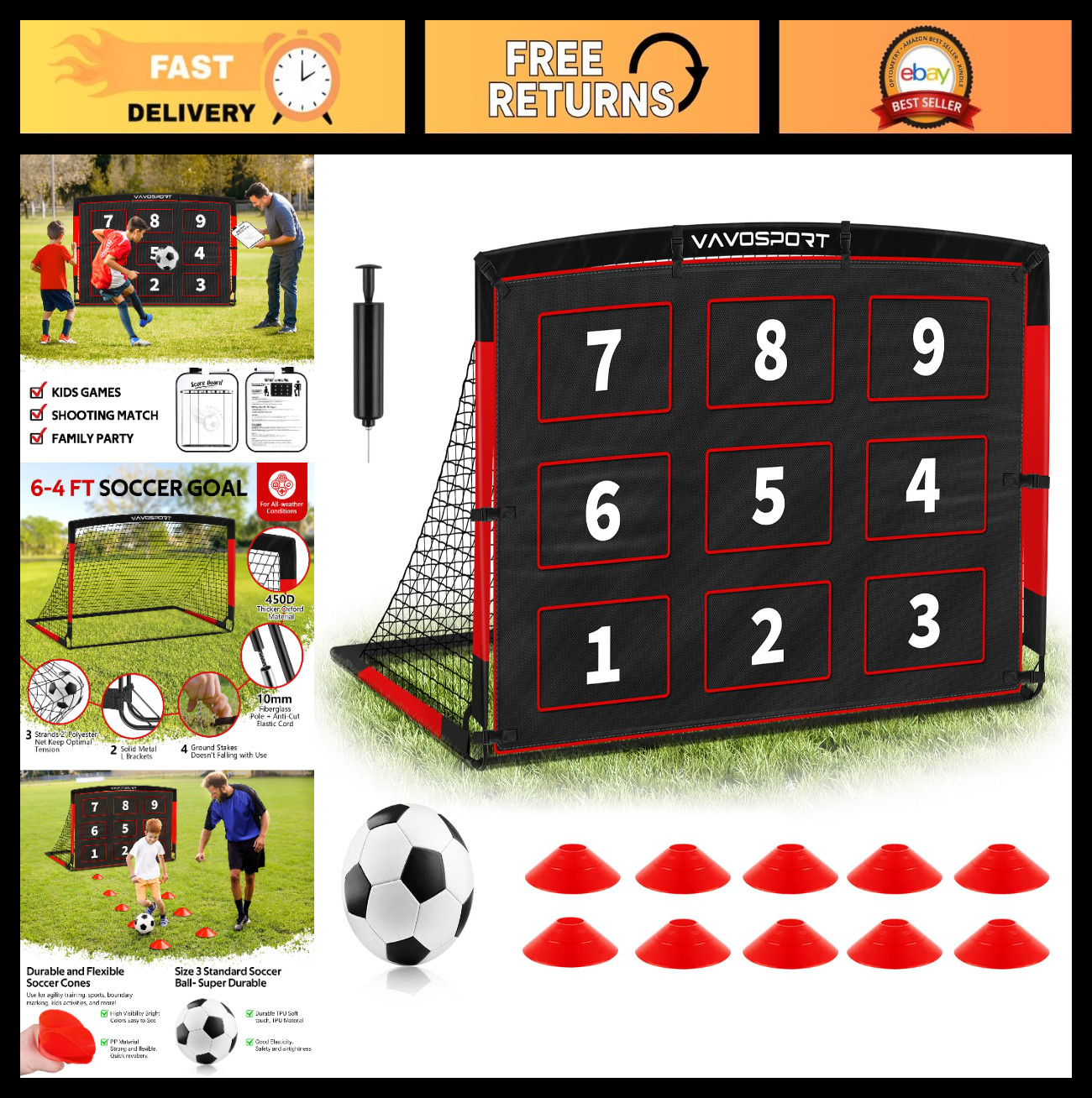 Portable Kids Soccer Goals Set - 6x4ft Pop Up Net, Ball, Cones & Target for Outd