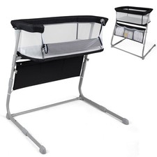 Bedside Crib w/ Mattress 5-Level Adjustable Height Protective Mesh Walls