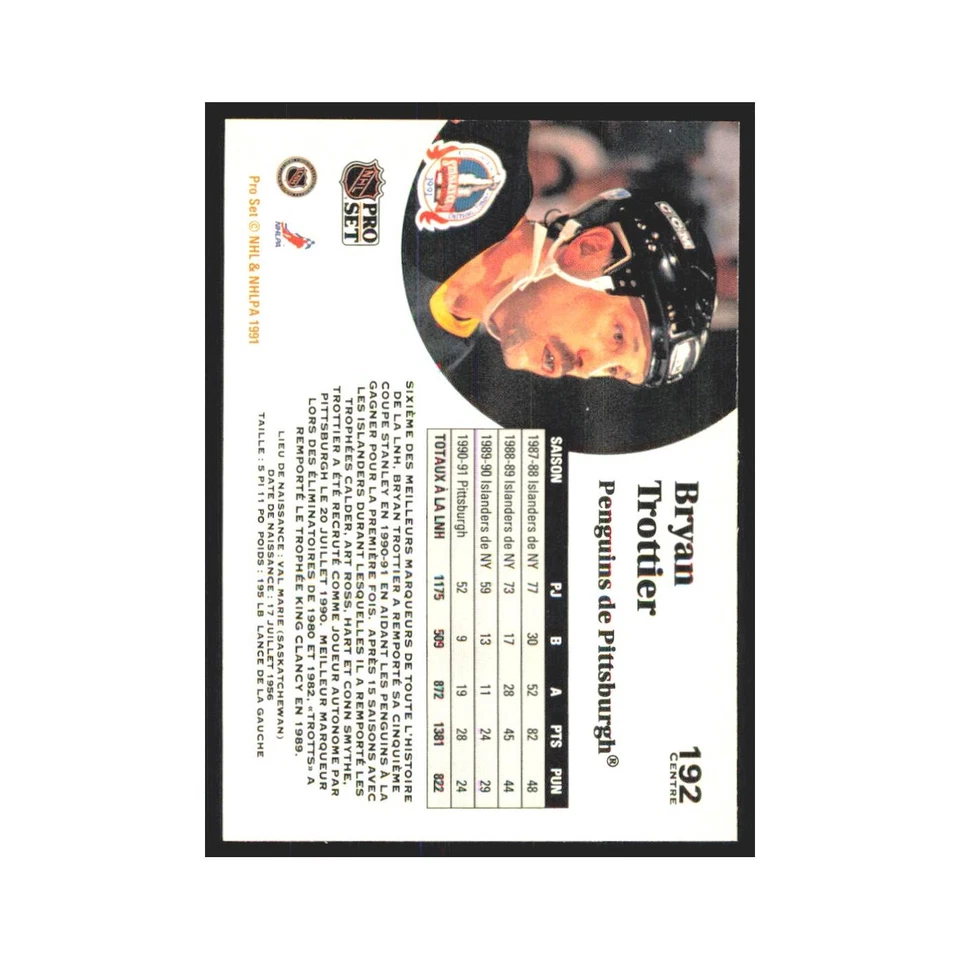 1991 Pro Set Bryan Trottier Pittsburgh Penguins #192 - Image 2 of 3