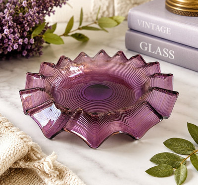 Vintage Amethyst Purple Glass Ruffled Bowl Dish 6.25'' Ribbed Concentric Pattern