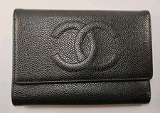 Chanel CC Black Caviar Skin Leather Blll Tri-fold Wallet Authentic