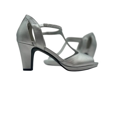 Easy Street Alive at 5 Silver Satin T-Strap Rhinestone Dance Heels Size 7M NEW