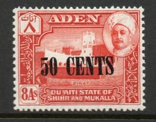 Aden Qu'aiti 1951 50c on 8a Red SG 24 Mnh.