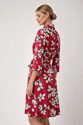 Zara Basic Red Floral Belted Midi Dress Mock Neck 3/4 Sleeve Size S