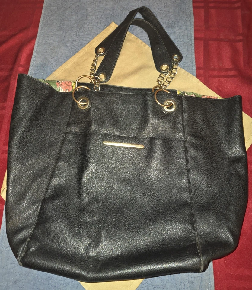 BOLSO DE MANO STEVE MADDEN XL NEGRO correa de cadena forro floral cuero sintético VEGANO Foto 3 de 4