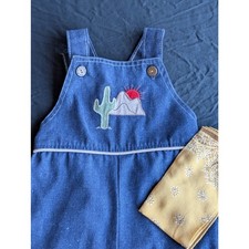 Vintage Health-Tex USA Baby Denim Overalls Romper 18M Desert Cactus Embroidered