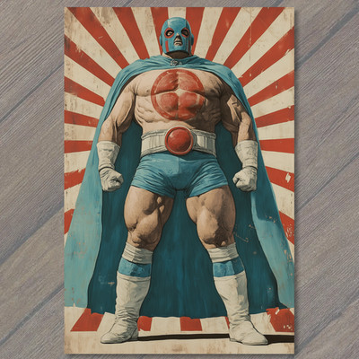 STICKER Masked Wrestler Red Blue Cape Champion Muscles Superhero Retro Power P
