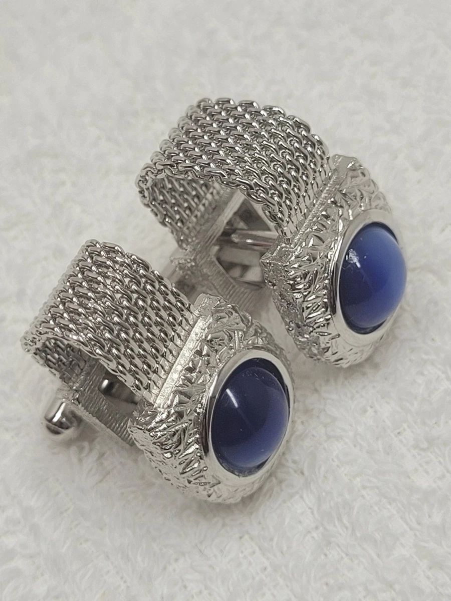 Boutons De Manchette Vintage Argentés Avec Bleu Par SWANK LINKS – Référence 81217, Occasion