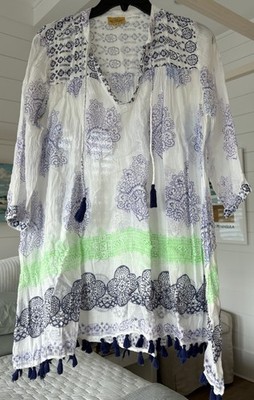 VGUC Roberta Roller Rabbit Cotton Gauze Block Pint Cover Up Sz S Tassels White