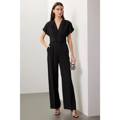 RTR BOSS Hugo Boss Black Debasa Short Sleeve V-Neck Wide Leg Jumpsuit Size 