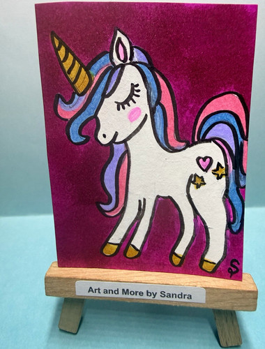 ACEO Original Unicorn Horse Cartoon Illustration Painting by ArtandmorebySandra