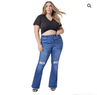 YMI Jogger High Rise Elastic Waist Distressed Flare Jeans Blue Sz XL