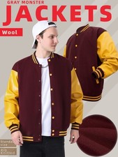Men's Varsity Bomber Jacket Faux Leather Sleeve Color Block Baseball Coat