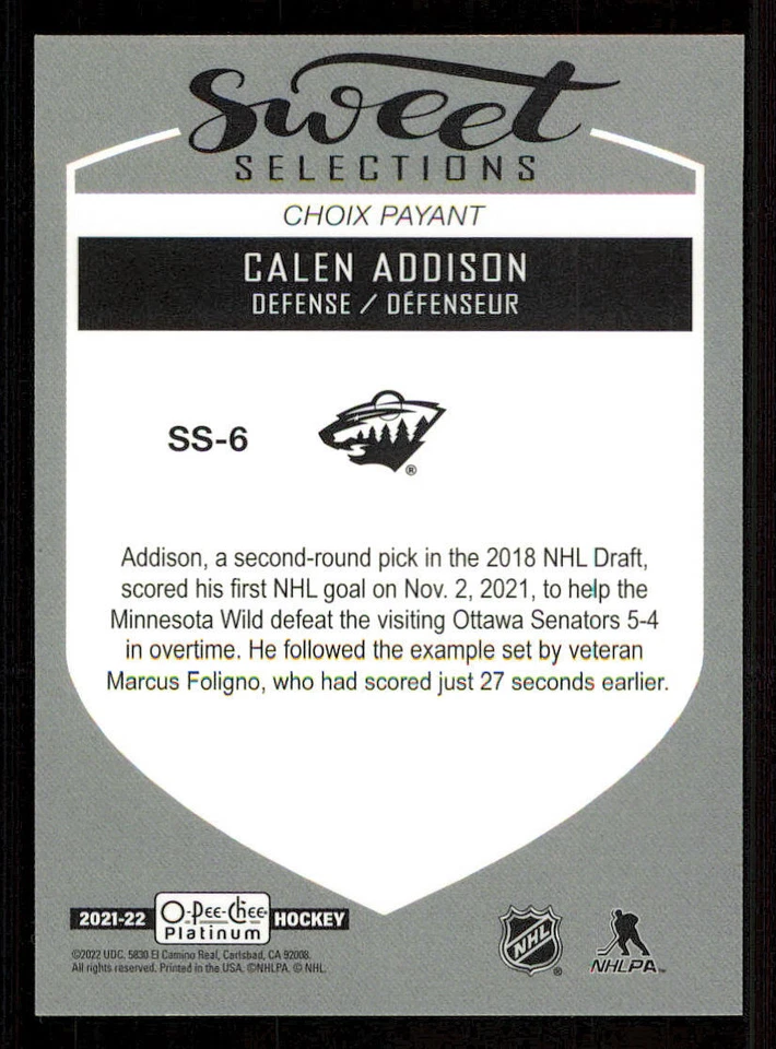 2021-22 O-Pee-Chee Platinum Sweet Selections #SS6 Calen Addison - Image 2 of 2