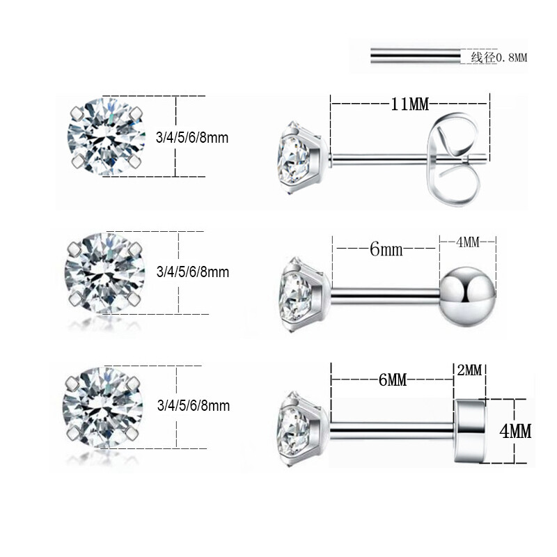 5 Pairs CZ Zirconia Earrings Surgical Steel Screw Ball Butterfly Back