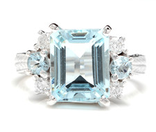 4.80 Carats NATURAL AQUAMARINE and DIAMOND 14K Solid White Gold Ring