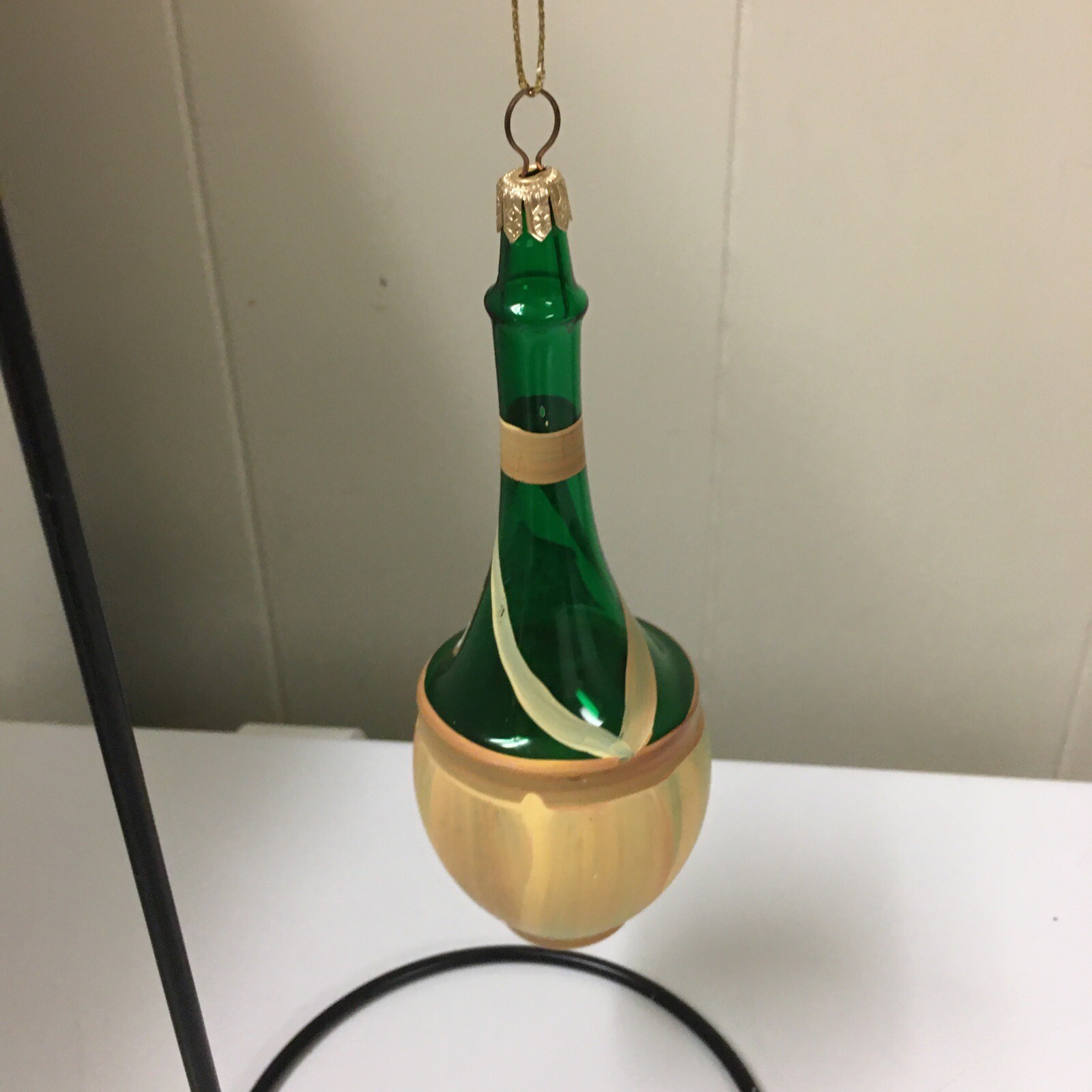 Blown Glass Hand Painted Chianti Vino 4”Green Wine Bottle Christmas