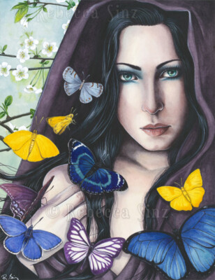 Fantasy Art PRINT Spring Goddess Butterflies Orange Blue Purple Yellow Portrait